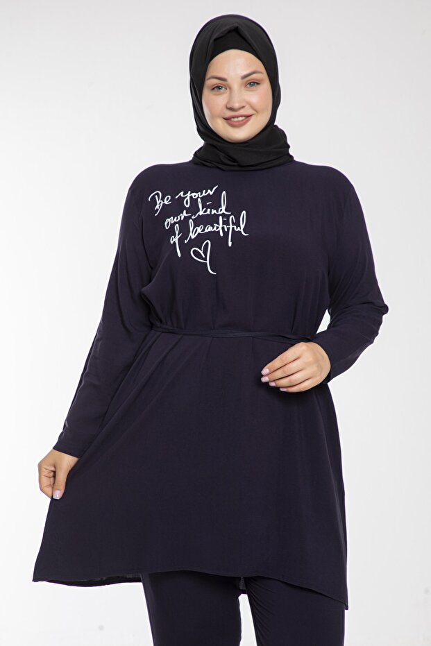 Kadın Baskılı Lacivert Renk Dokuma Viskon Büyük Beden Tesettür Takım - 2