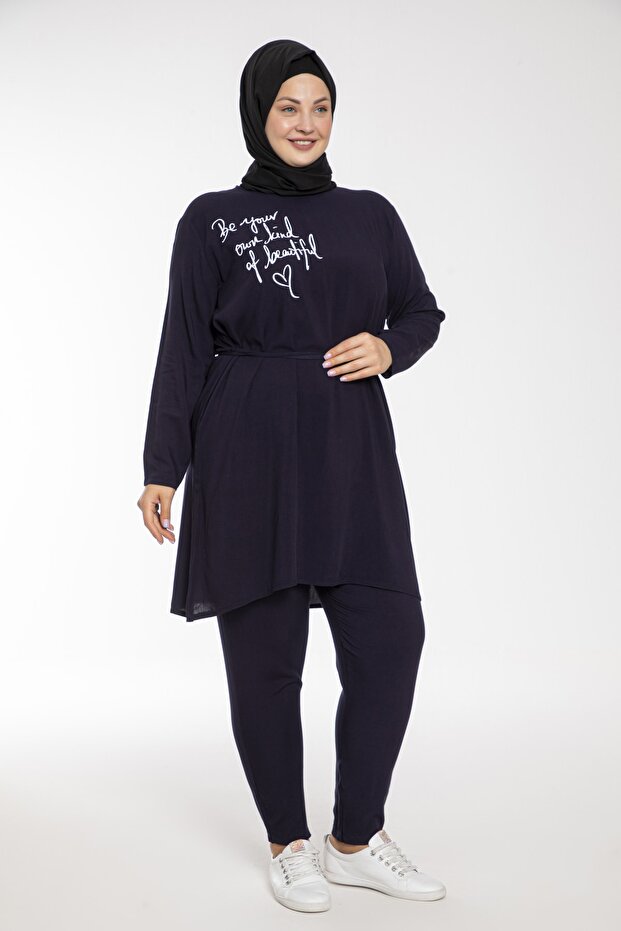 Kadın Baskılı Lacivert Renk Dokuma Viskon Büyük Beden Tesettür Takım - 4