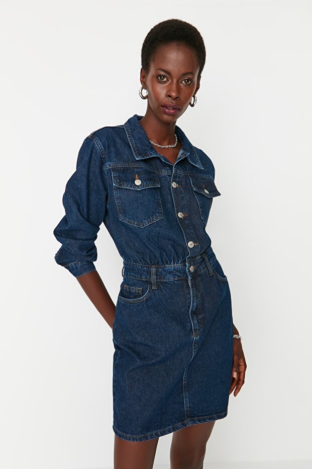 Mavi Cep Detaylı Mini Denim Gömlek Elbise TWOAW23EL00643 - 2