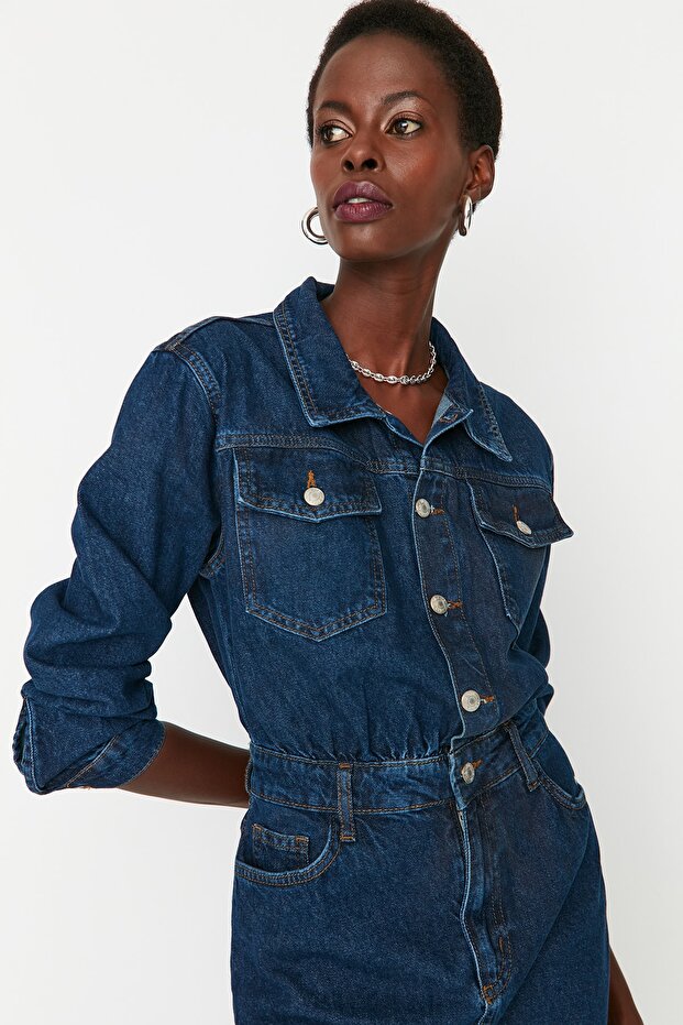 Mavi Cep Detaylı Mini Denim Gömlek Elbise TWOAW23EL00643 - 3
