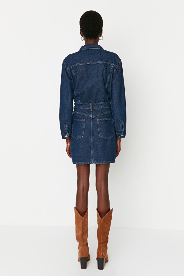 Mavi Cep Detaylı Mini Denim Gömlek Elbise TWOAW23EL00643 - 6