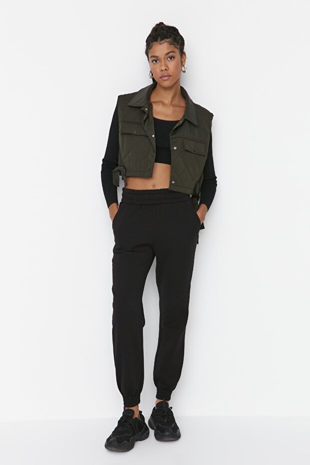 Black Basic Jogger Hrubé fleecové pletené tepláky TWOAW21EA0010 - 2