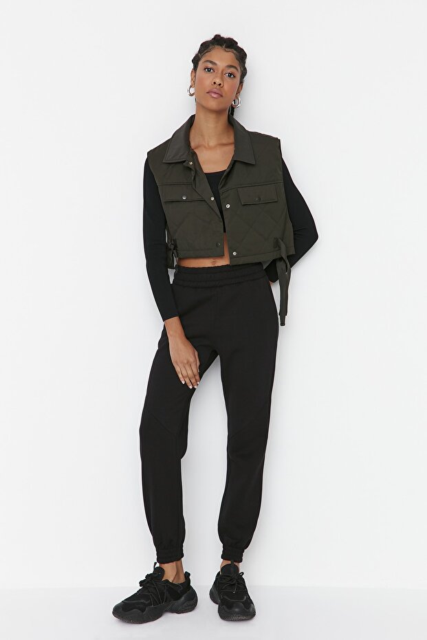 Black Basic Jogger Hrubé fleecové pletené tepláky TWOAW21EA0010 - 4