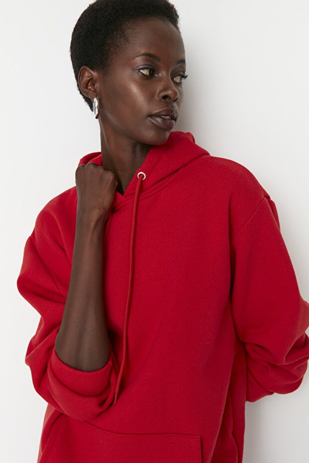 Κόκκινο χοντρό εσωτερικό φλις καγκουρό τσέπη με κουκούλα Boyfriend πλεκτό φούτερ TWOAW20SW0525 - 3