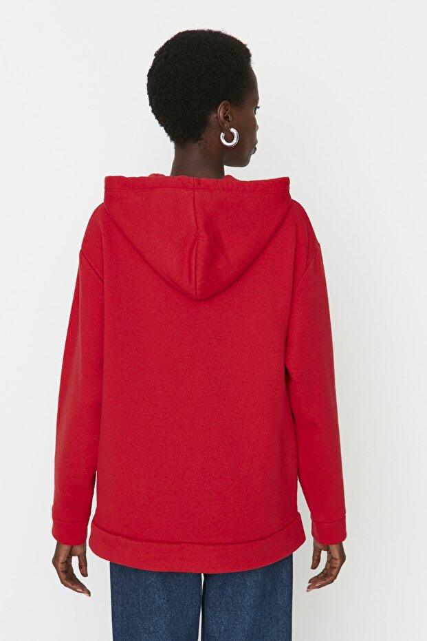 Κόκκινο χοντρό εσωτερικό φλις καγκουρό τσέπη με κουκούλα Boyfriend πλεκτό φούτερ TWOAW20SW0525 - 6