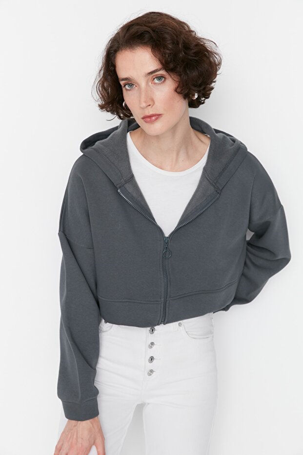 Antrasit Basic Fermuarlı Kapüşonlu Crop Kalın İçi Polarlı Örme Sweatshirt TWOAW20SW0660 - 2