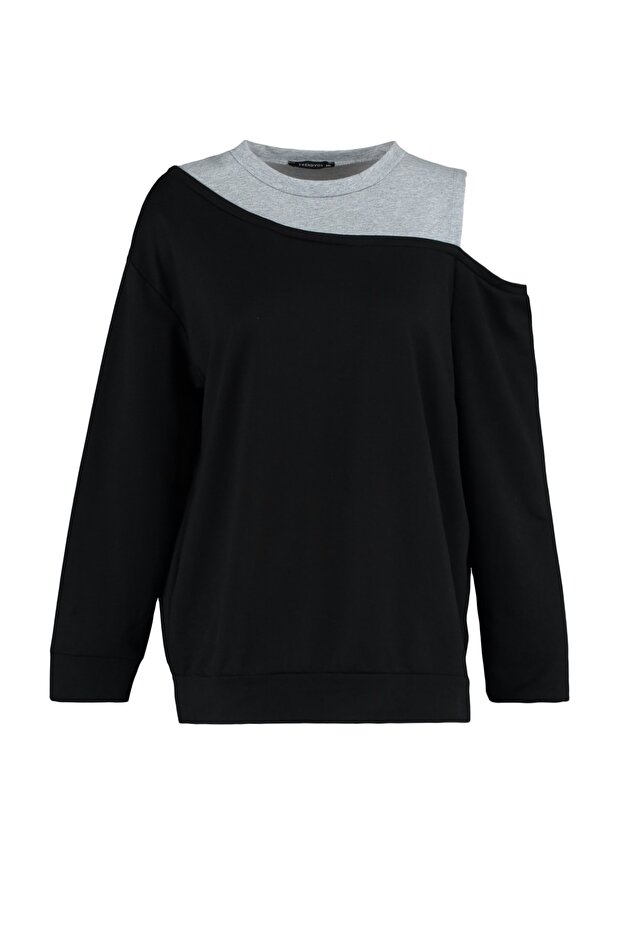 Siyah Bisiklet Yaka Omuz Detaylı İnce Örme Büyük Beden Sweatshirt TBBAW23AO00020 - 11