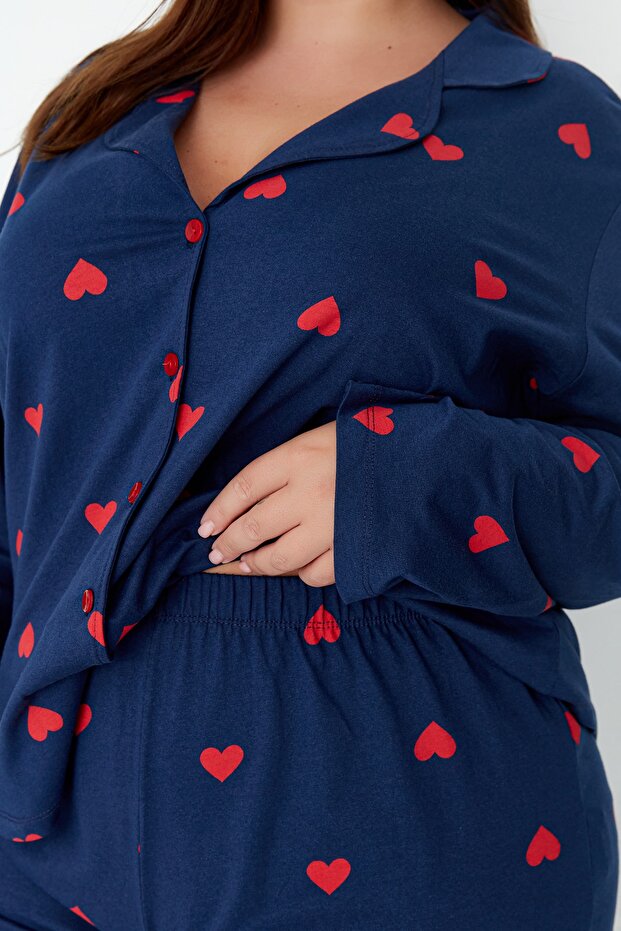 Lacivert Kalpli Gömlek Yaka Örme Pijama Takımı TBBAW23AI00019 - 4