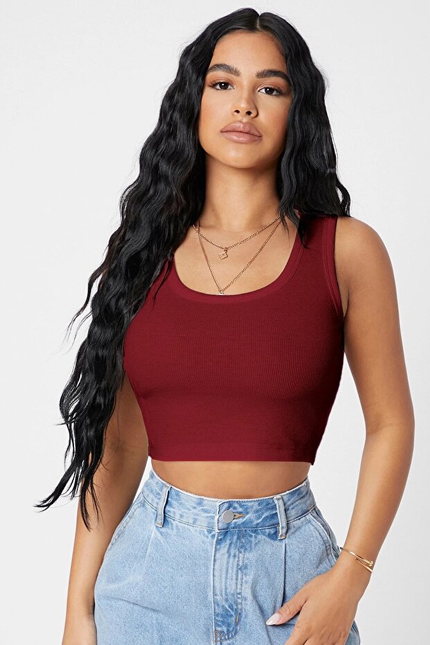 Kadın Bordo Kare Yaka Crop Top Bluz - 1