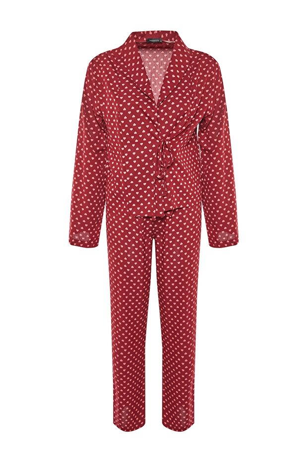 Bordo Kalpli Bağlama Detaylı Viskon Dokuma Pijama Takımı THMAW22PT0300 - 7
