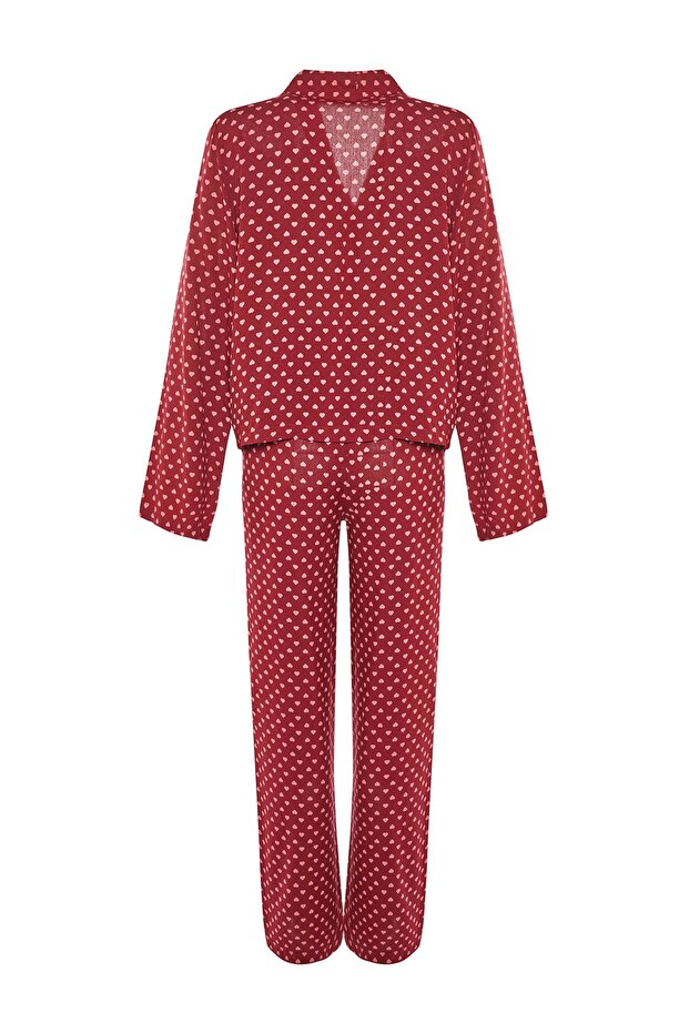 Bordo Kalpli Bağlama Detaylı Viskon Dokuma Pijama Takımı THMAW22PT0300 - 9