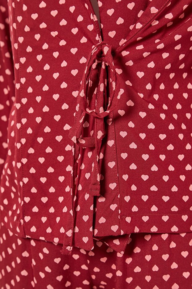 Bordo Kalpli Bağlama Detaylı Viskon Dokuma Pijama Takımı THMAW22PT0300 - 8