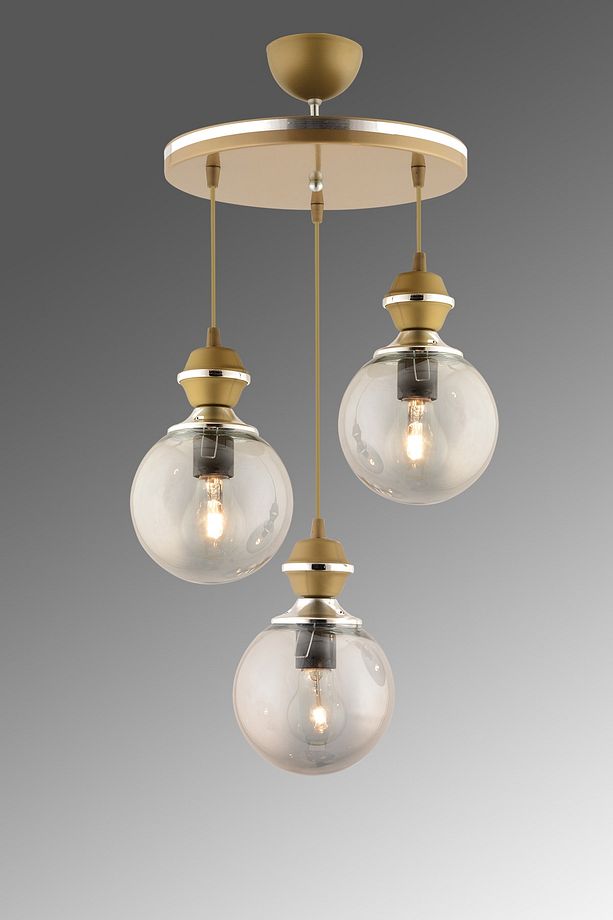 Berru 3 Lü Tepsi Eskitme Krom Yaldızlı Modern Glop Camlı Avize - 2