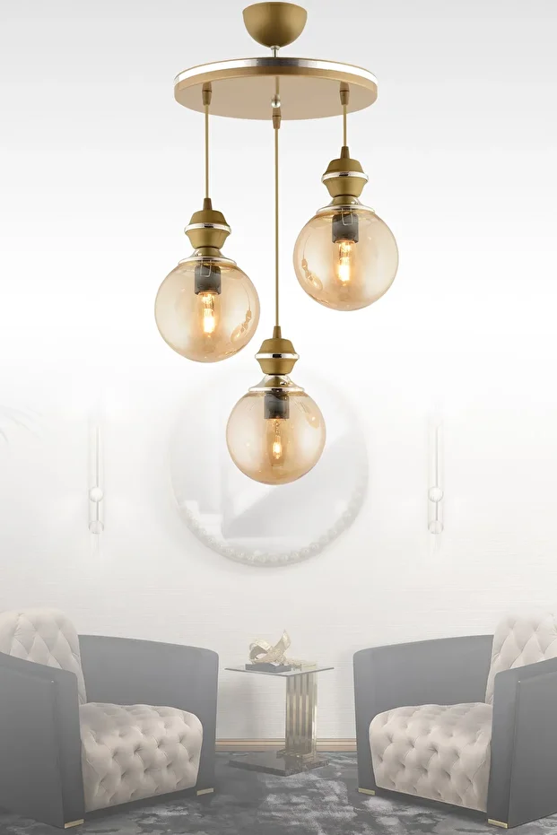 Berru 3 Lü Tepsi Eskitme Krom Yaldızlı Modern Glop Camlı Avize - 1