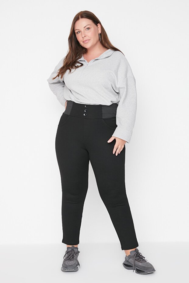 Siyah Beli Lastikli Skinny Örme Büyük Beden Pantolon TBBAW23AR00023 - 12
