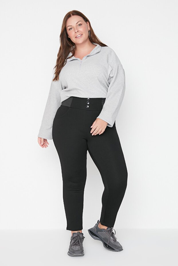 Siyah Beli Lastikli Skinny Örme Büyük Beden Pantolon TBBAW23AR00023 - 14