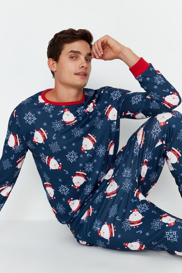 Granatowy zestaw piżam z dzianiny o regularnym kroju - kombinacja rodzinna TMNAW23PT00064 - 2