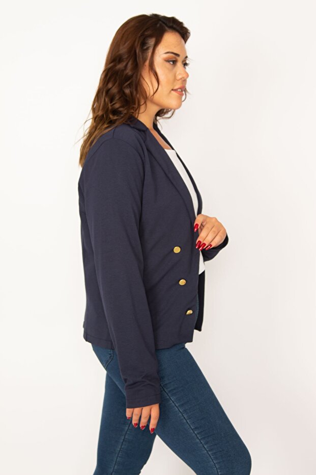Women's Large Size Navy Blue Agraffiti Closure Ornamental Metal Button Lined Classic Jacket 65n34066 - 2