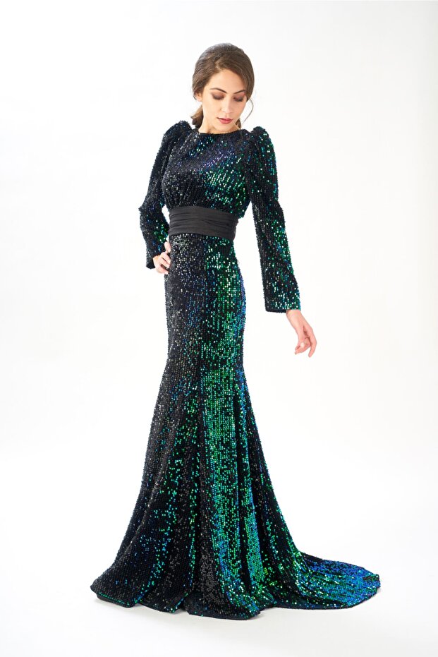 Kadife Pullu Sırt Dekolteli Balık Abiye - 1