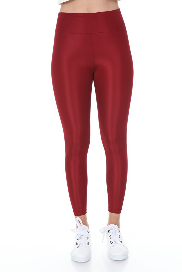 High Waist - Wide Belted Recovery Disco Knitted Leggings - Claret Red
