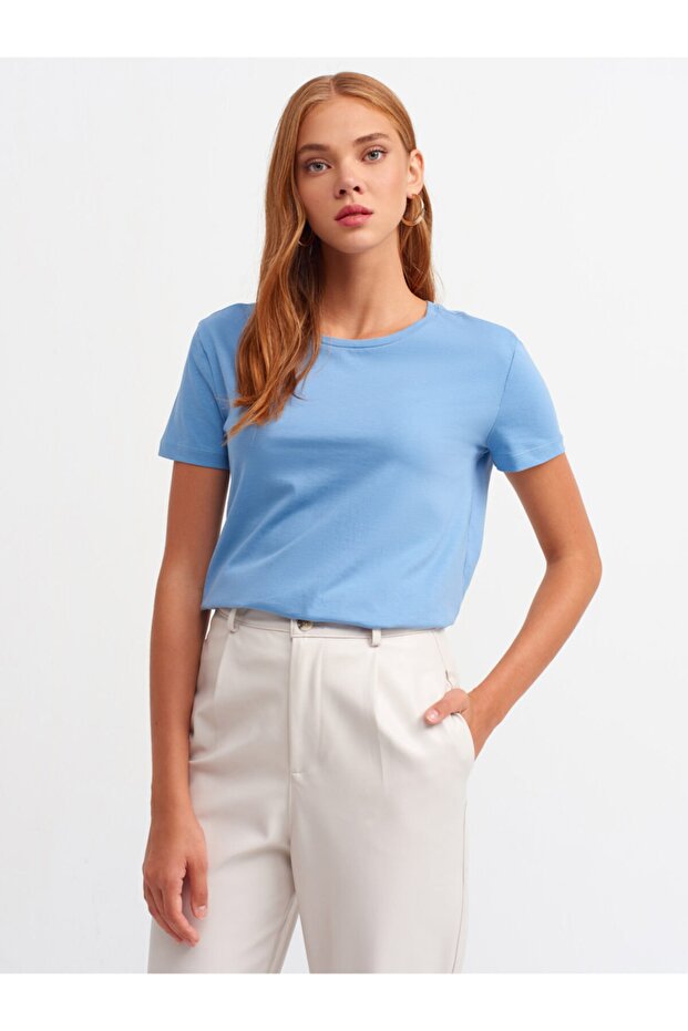 3471 Bisiklet Yaka Basic T-shirt-indigo - 1