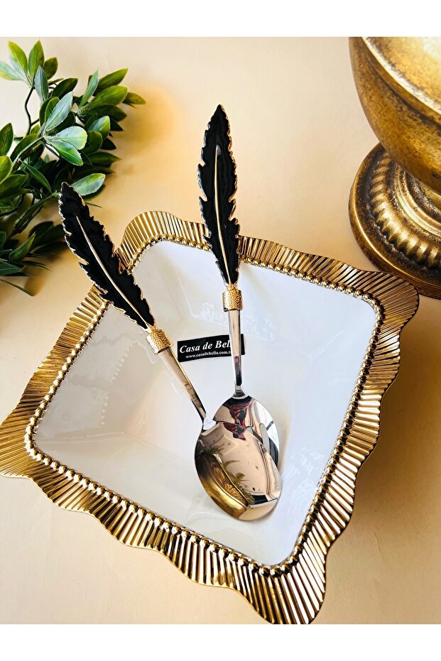 2 Piece Feather Patterned Salad Serving Set - 4