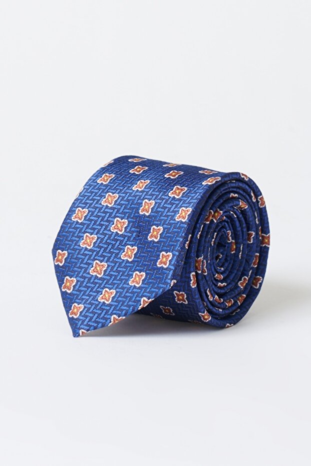 Erkek Mavı Kahve Sarı Desenli Klasik Kravat - 1