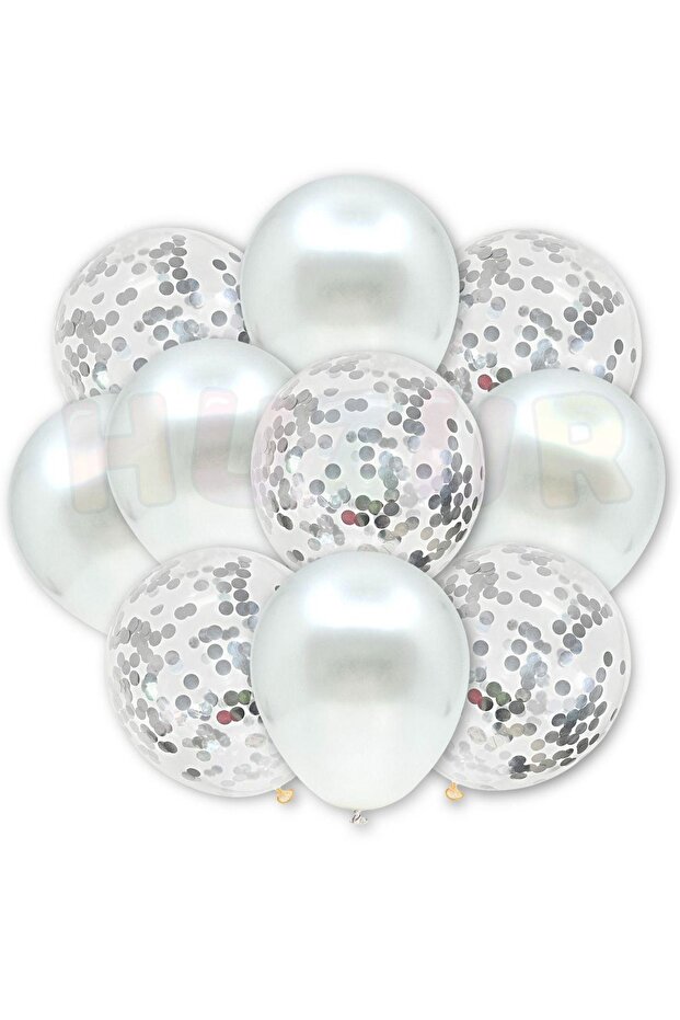 Silver Confetti Transparent and White Metallic Balloon Set 20 Pieces 30 cm Gray Sequin Balloon with Sequins Inside