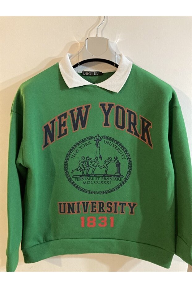New York Printed Polo Collar Oversize Sweatshirt