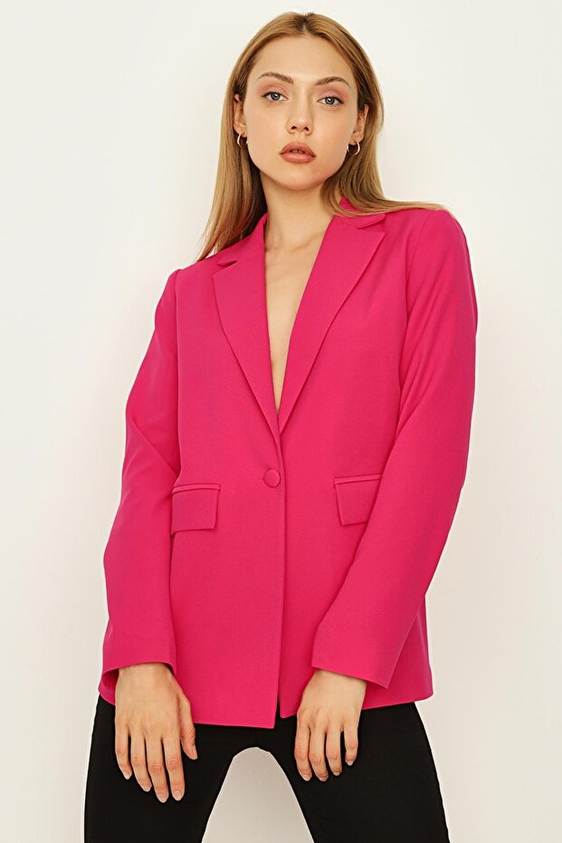Kadın Pembe Tek Düğmeli Blazer Ceket - 3