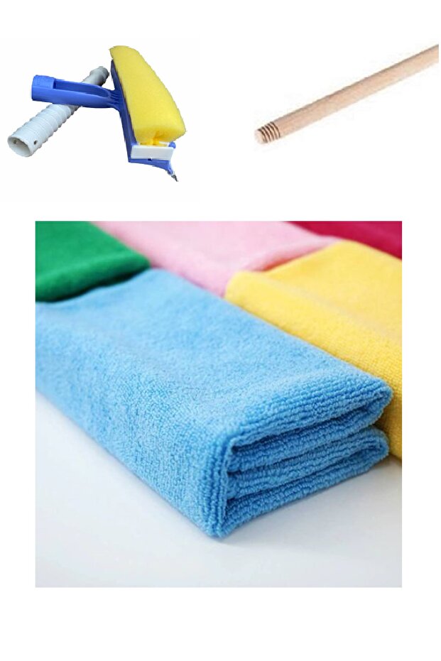 Cleaning Set 4 Cloth + Sponge Mop + Hornbeam Handle Sponge Mop for Workplace Glass Cleaning