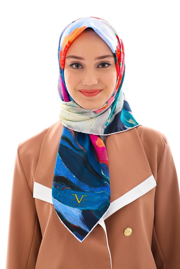 Floral Pattern Gold Series Twill Scarf with Hanger and Gift Set 90x90 Cm