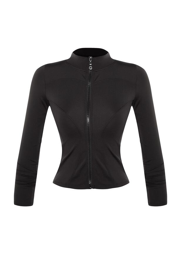 Siyah Vücuda Oturan Fermuarlı Dik Yaka Örme Spor Ceket/Sweatshirt TWOAW23BZ00592 - 6