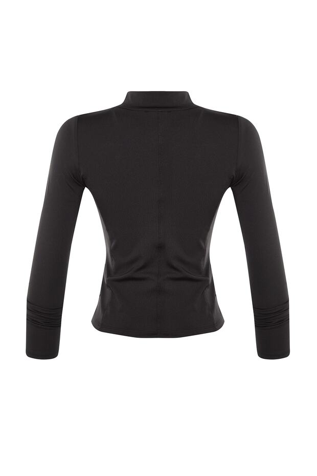Siyah Vücuda Oturan Fermuarlı Dik Yaka Örme Spor Ceket/Sweatshirt TWOAW23BZ00592 - 7