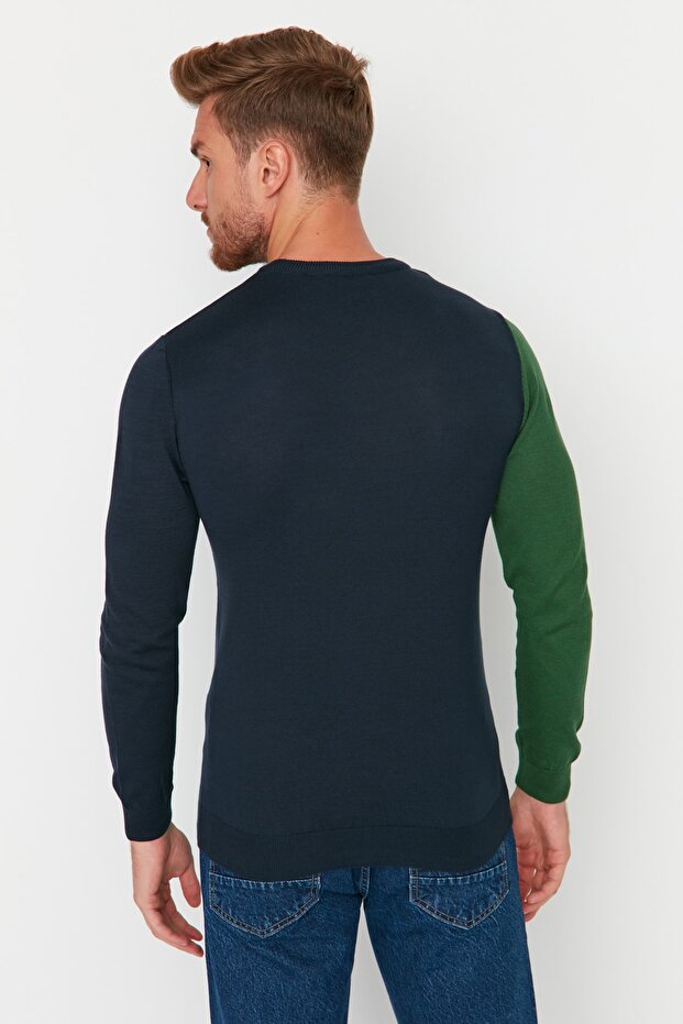 Yeşil Slim Fit Pamuklu Bisiklet Yaka Panelli Triko Kazak TMNAW21KZ0566 - 5