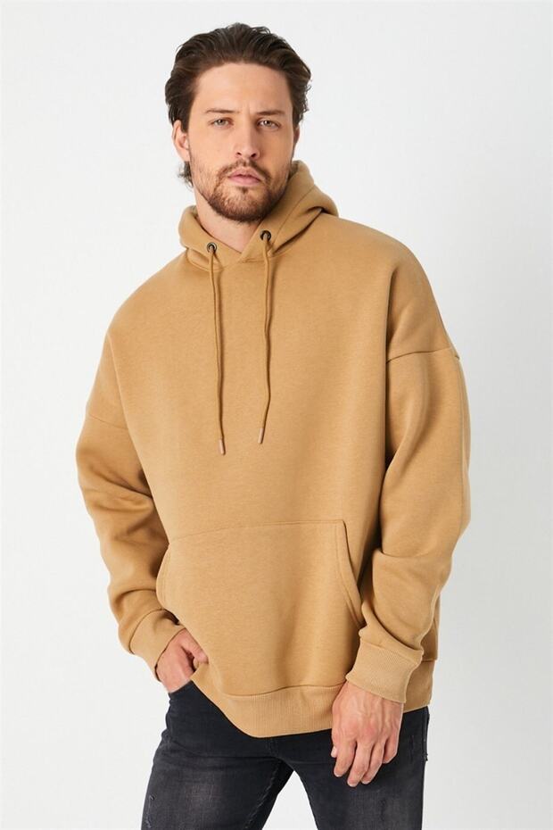 Mink Color Hooded Kangaroo Pocket Oversize Sweatshirt