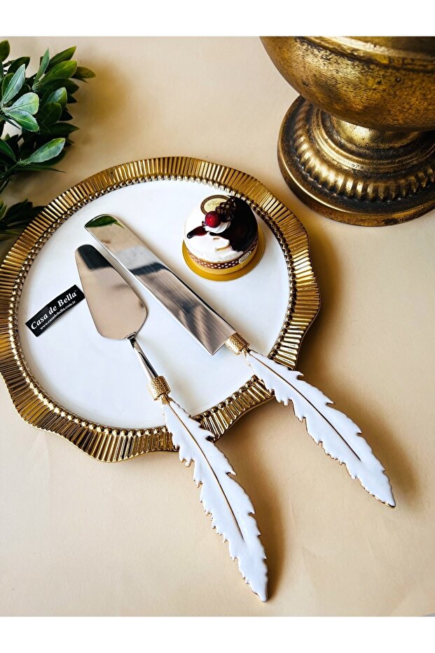 2 Piece Feather Pattern Cake Serving Set - 1