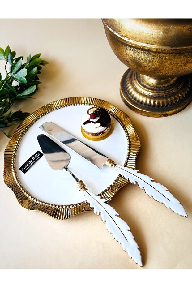2 Piece Feather Pattern Cake Serving Set - 3