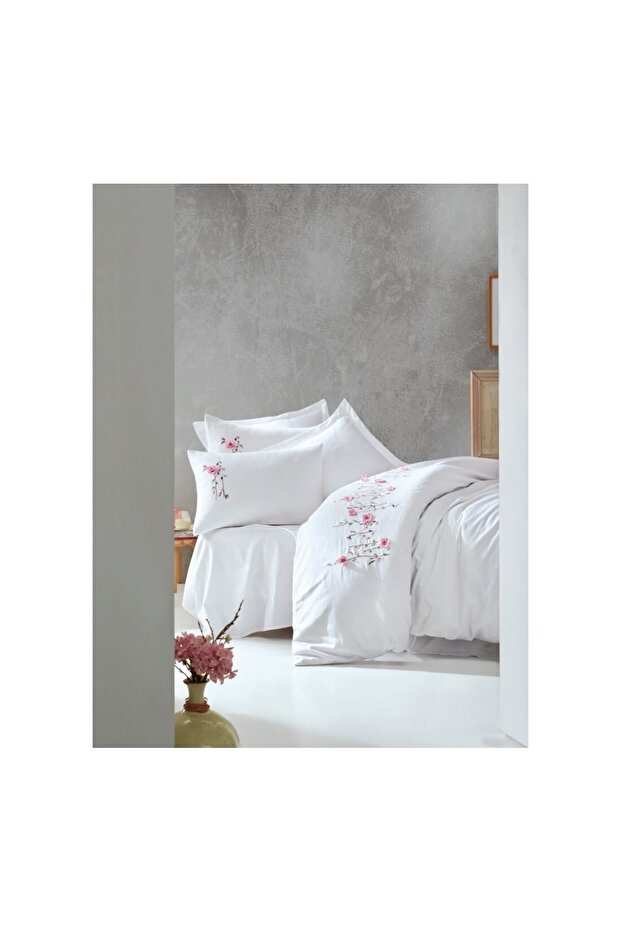 3D Embroidered Double Satin Duvet Cover Set Perla White