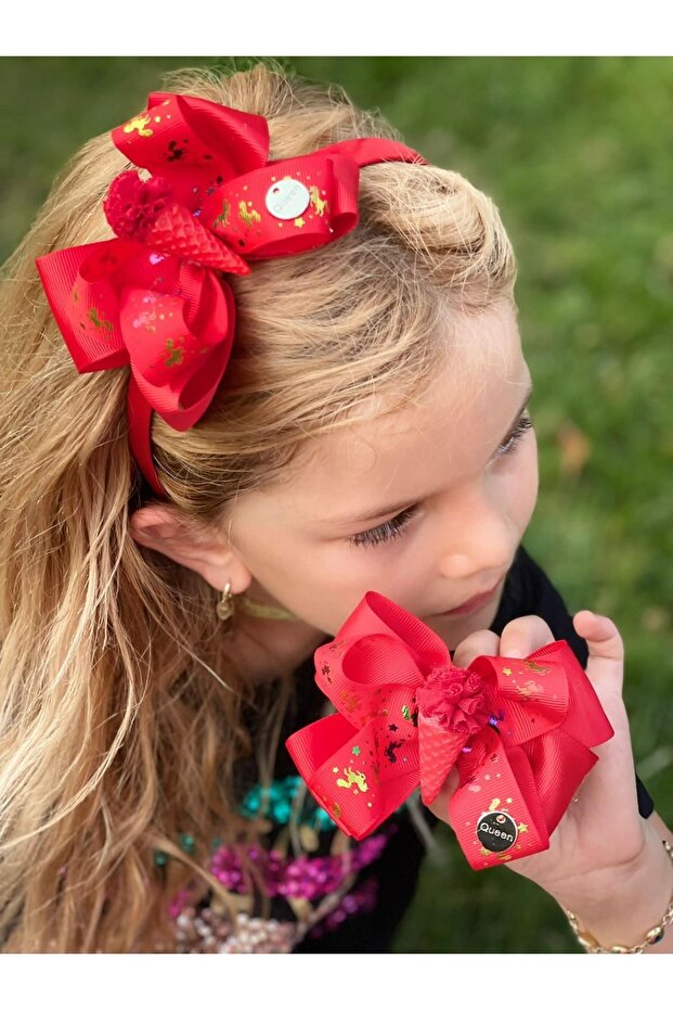 Luxury Design Candy Pompom Unicorn Ice Cream Bow Crown Buckle Set Red