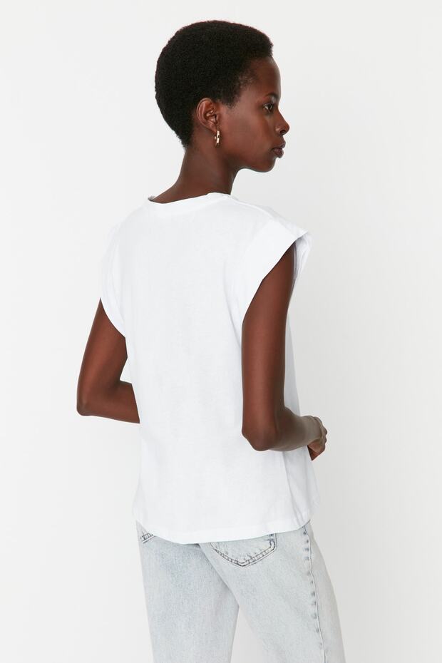 Biała, 100% bawełniana, watolina, podstawowa koszulka z dzianiny z okrągłym dekoltem TWOSS20TS0021 - 5