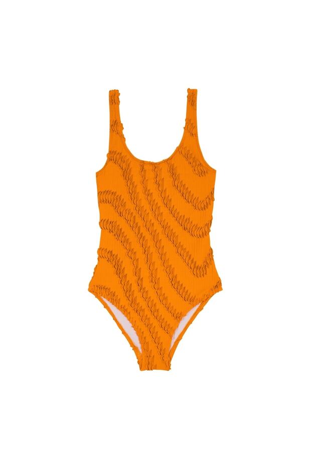 Kids Textured U Collar Orange Swimsuit