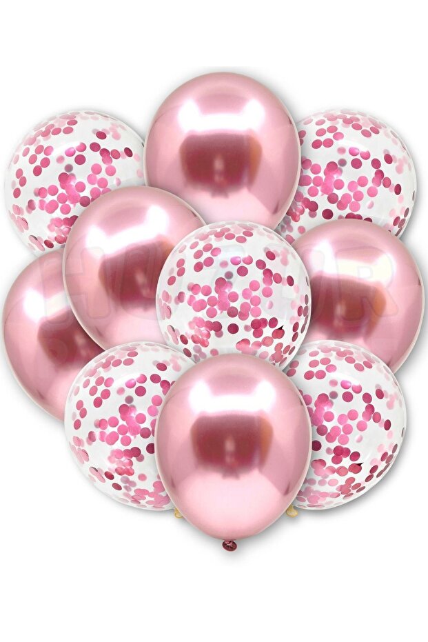 Pink Confetili Transparent and Pink Chrome Balloon Set 20 Pieces 30 cm Sequined Balloon Scale Party