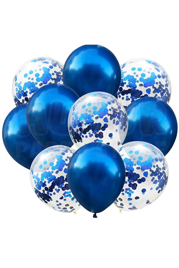 Blue Confetti Transparent and Navy Blue Metallic Balloon Set 20 Pieces 30 cm Sequin Balloons Visible Inside