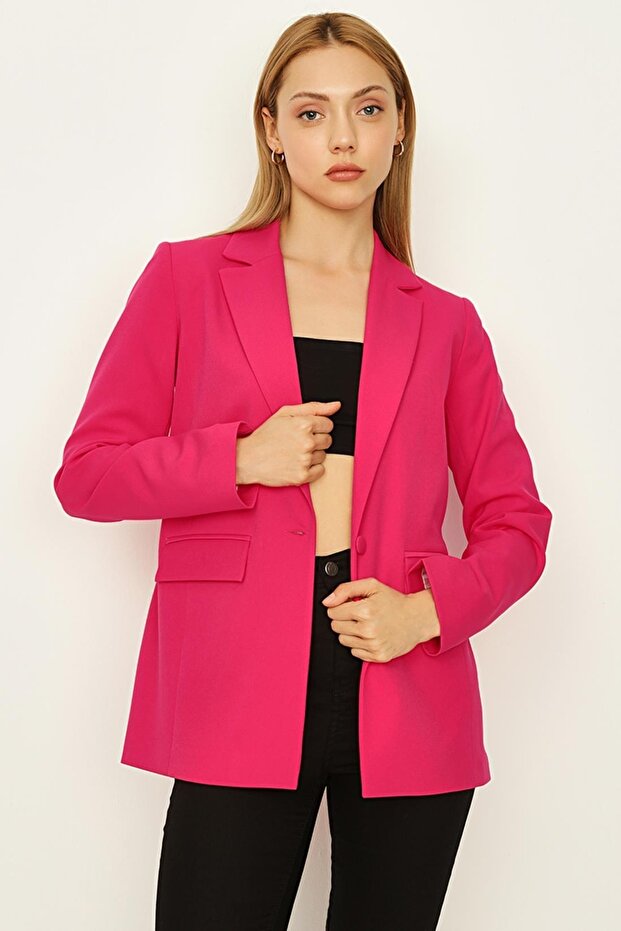 Kadın Pembe Tek Düğmeli Blazer Ceket - 5