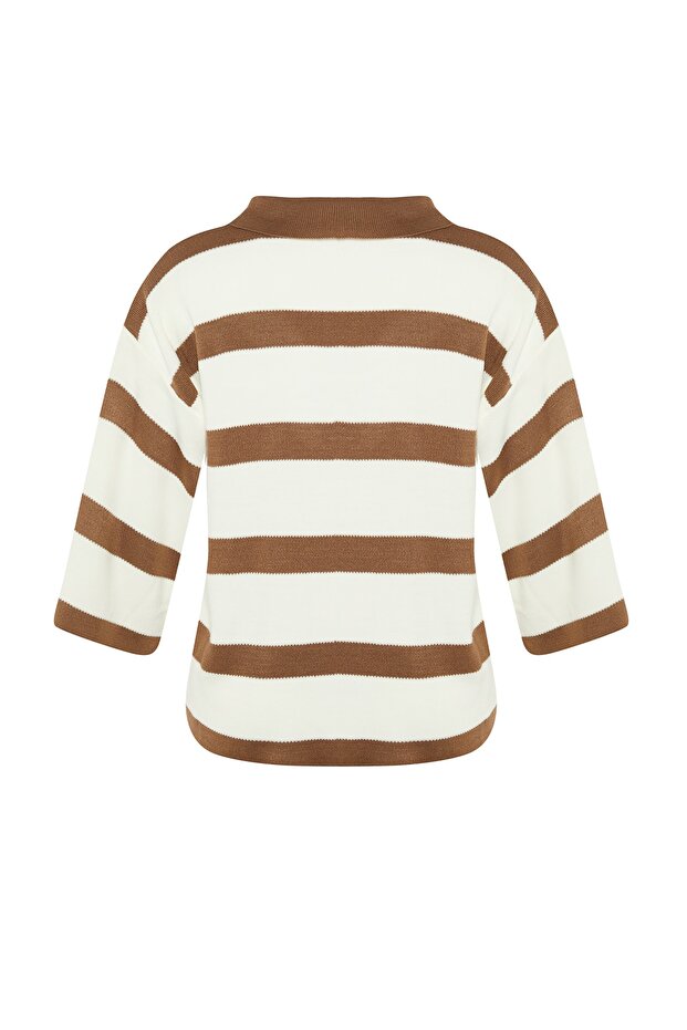 Langer, dicker Strickpullover – Hellbraun, Basic gestreift - 7