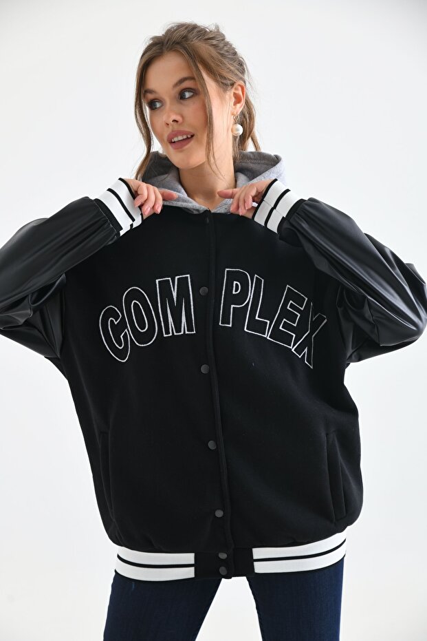 Unisex Complex Embroidered Sleeve Detail Hooded College Jacket - black