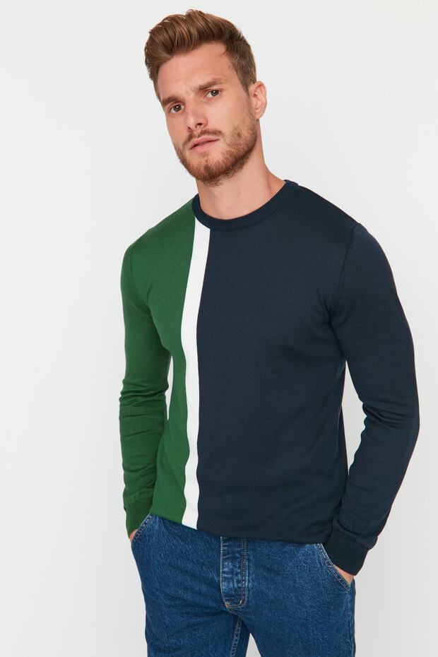 Yeşil Slim Fit Pamuklu Bisiklet Yaka Panelli Triko Kazak TMNAW21KZ0566 - 1