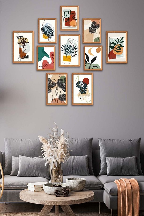 10 Parça Bohem Tarzda Sanatsal Ahşap Çerçeve Görünümlü Uv Baskı Mdf Tablo Seti - 1