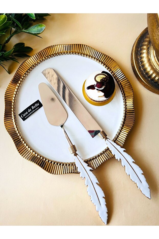 2 Piece Feather Pattern Cake Serving Set - 4